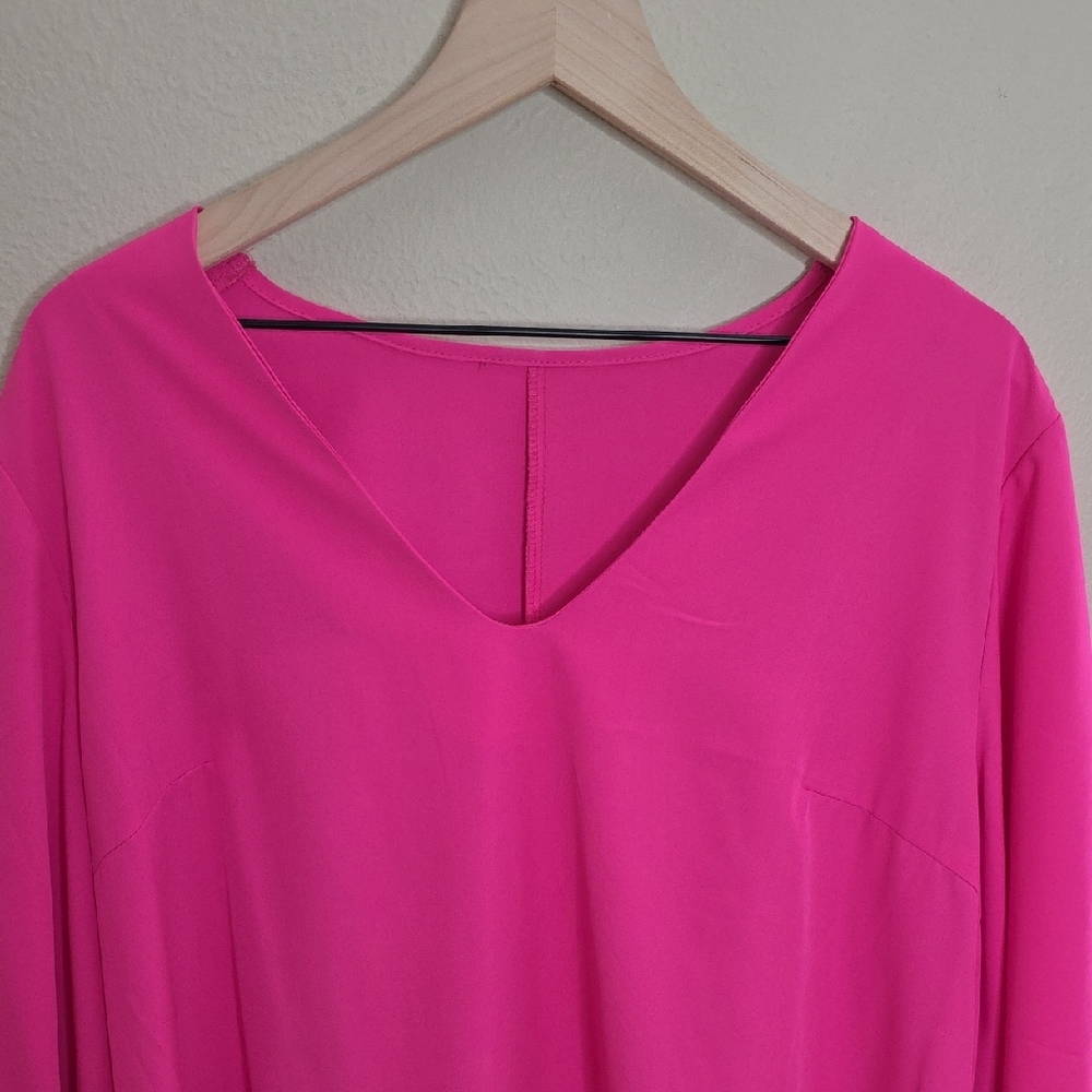 Hot Pink Bell Sleeve Boho Ruffle  Hem Shift Dress V-Neck Mini Size2XL Barbiecore - Picture 6 of 8